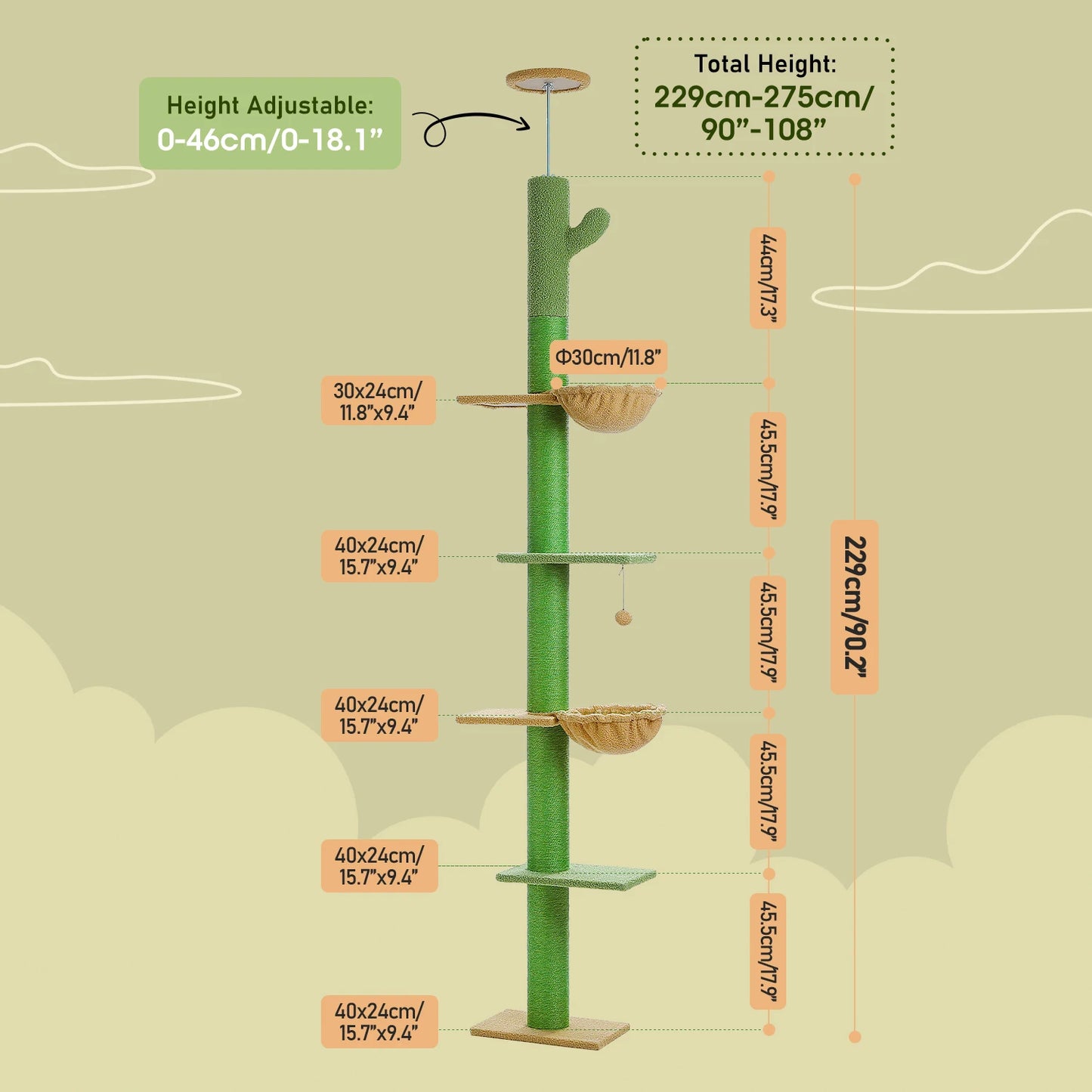 PEQULTICN Cactus Cat Tree Floor To Ceiling Cat Tower Hammock
