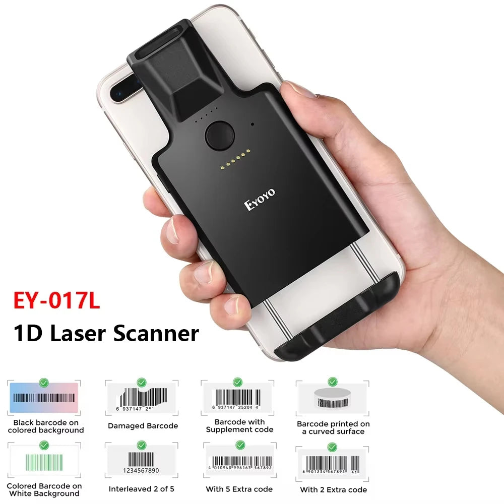 Eyoyo EY-017 Back Clip Bluetooth Barcode Scanner Portable 1D 2D QR Wireless Bar Code Reader with 1600mAh Rechargeable Battery, Compatible with iPad, iPhone and Android, For Book Warehouse Inventory Management