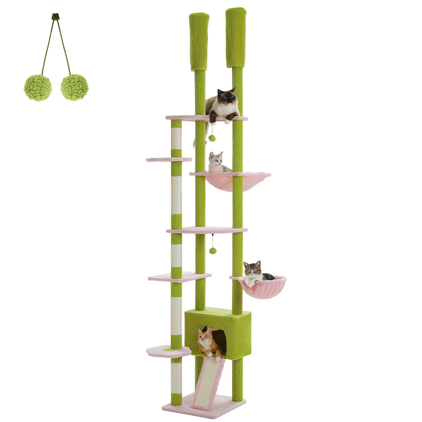 Cactus Cat Tree Floor to Ceiling Cat Tower Adjustable Height with Cat Condo Cozy Hammock and Scratching Post Tall Activity Tree