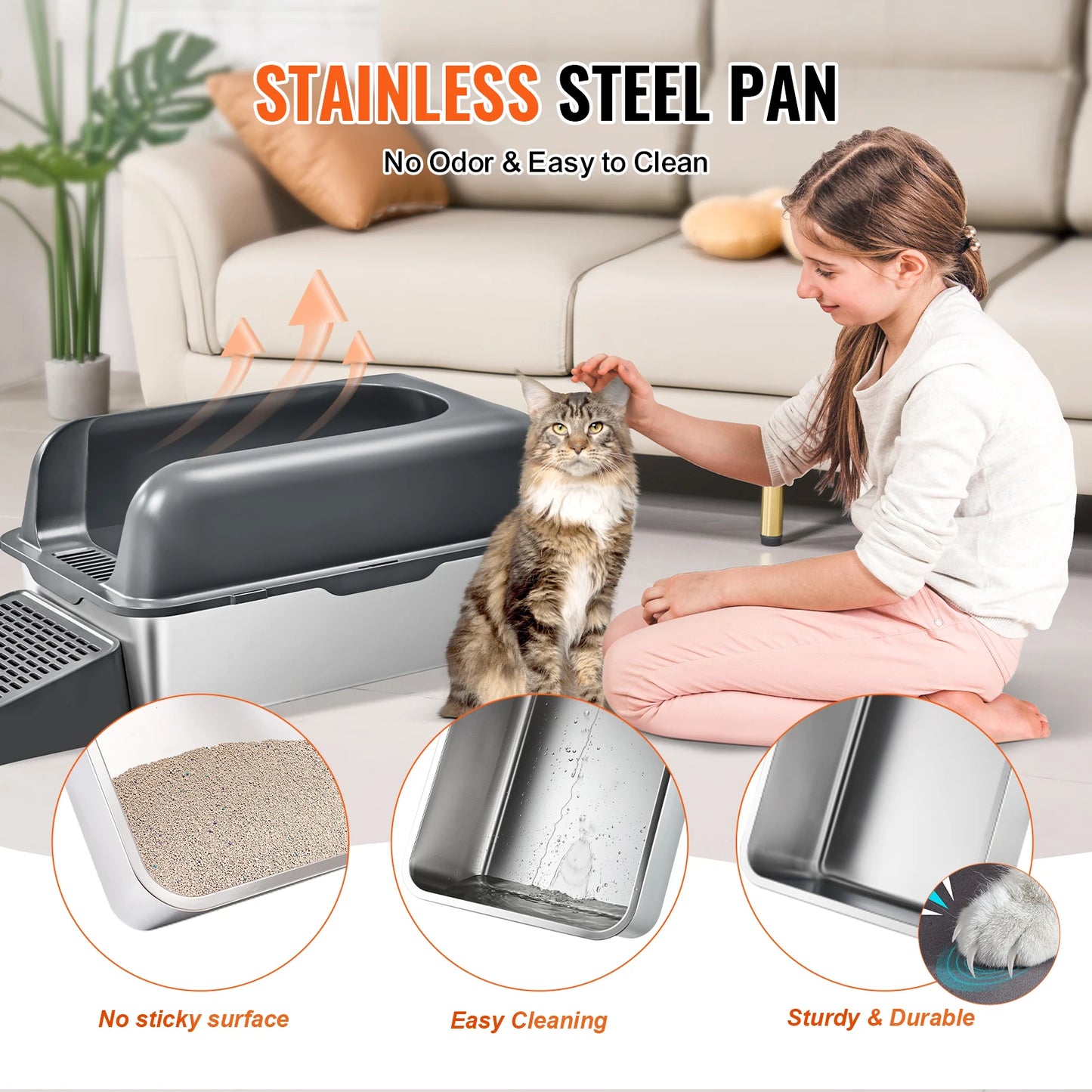 Stainless Steel Cat Litter Box With Scoop And High Sides