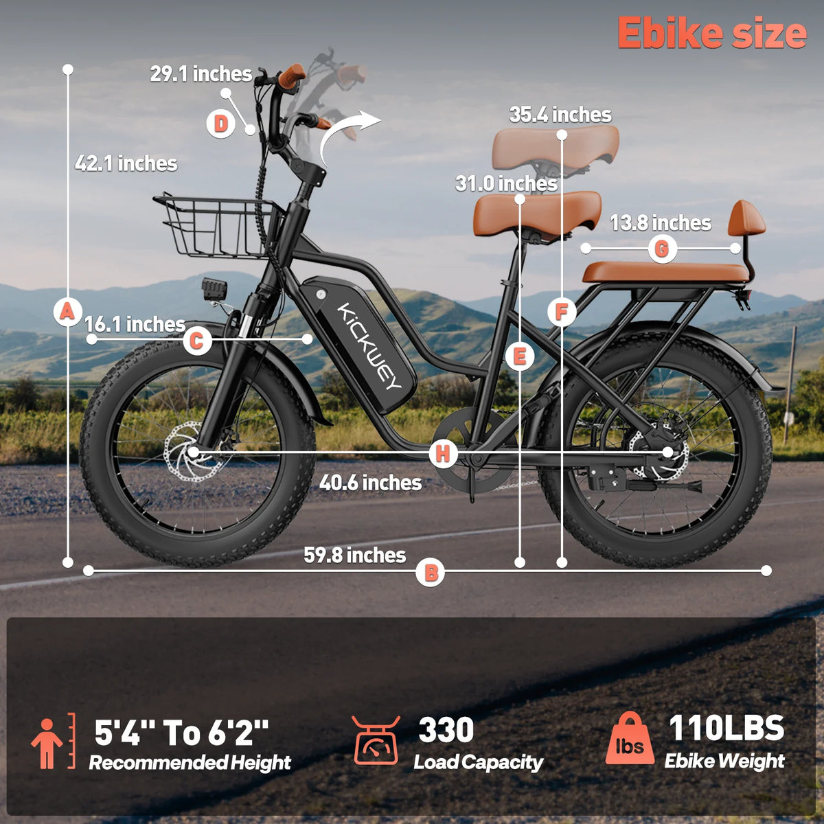 Kickwey 1500W Electric Bicycle Dual Seat Fat Tire Road Ebike