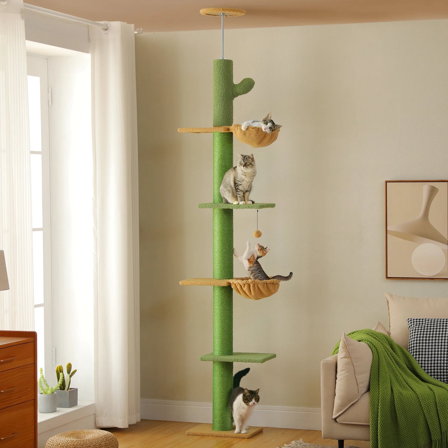 PEQULTICN Cactus Cat Tree Floor To Ceiling Cat Tower Hammock