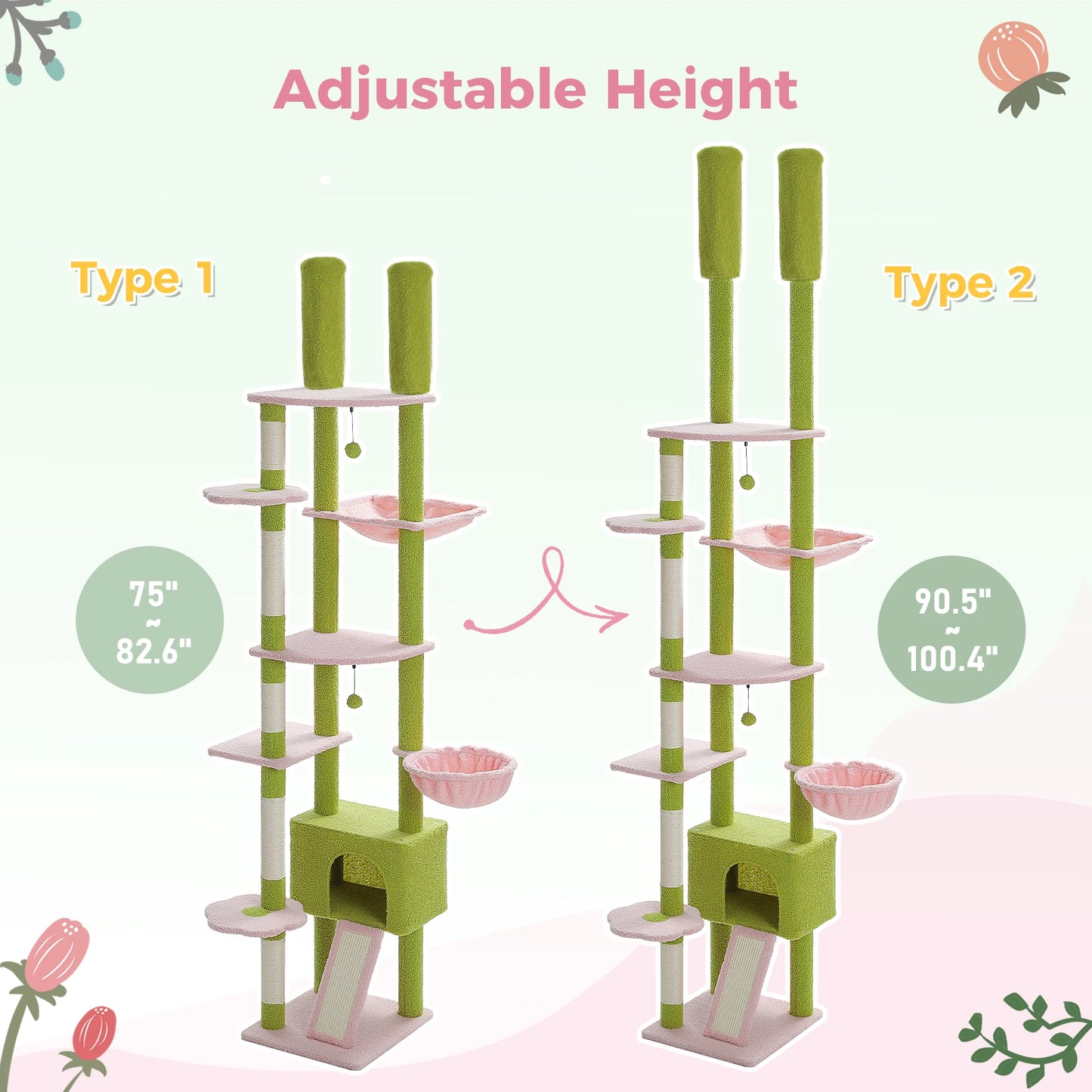 Cactus Cat Tree Floor to Ceiling Cat Tower Adjustable Height with Cat Condo Cozy Hammock and Scratching Post Tall Activity Tree