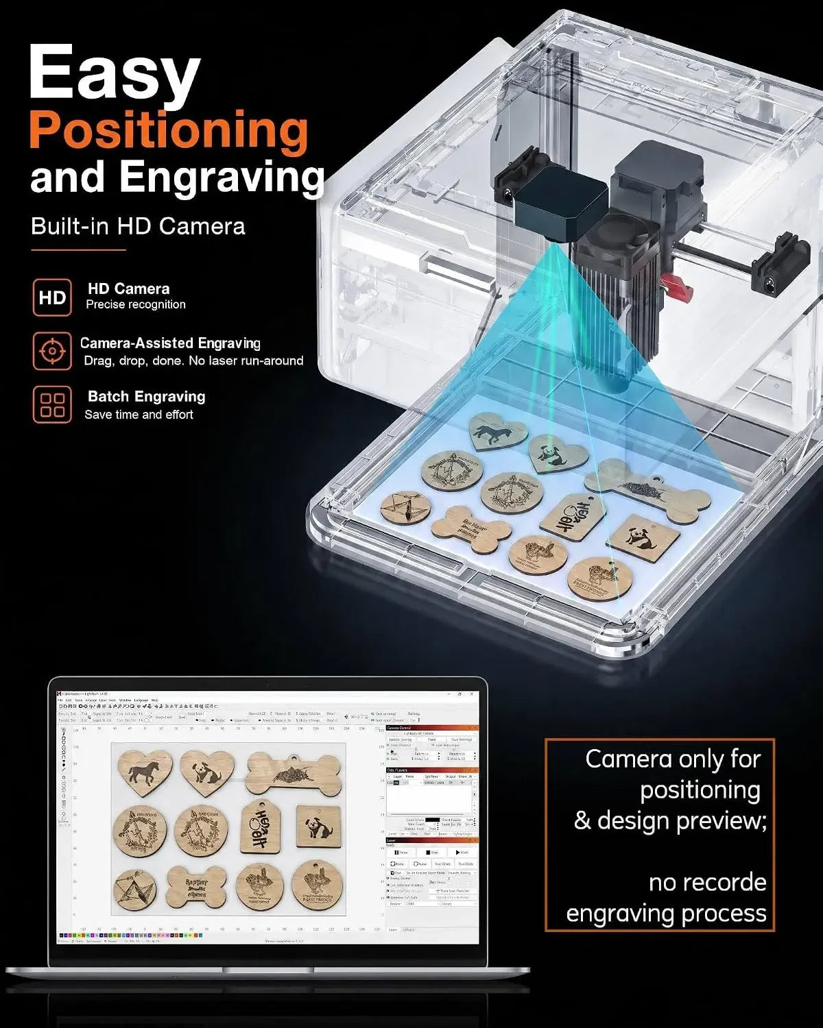 Carverall A1 Pro 5W Desktop Laser Engraver with Camera, AI, App Control, Beginner Lazer Engraving Machine for Wood Coated Metal Leather Dog Tag Paper Glass Food 5000mW Class 1