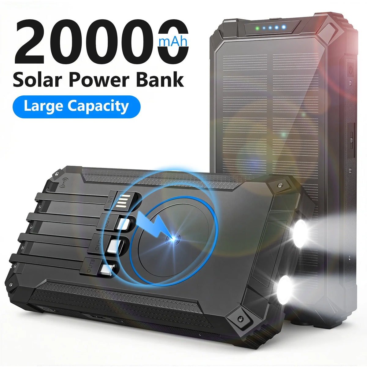 Solar Power Bank with LED Lights and Built-In Charging Cables