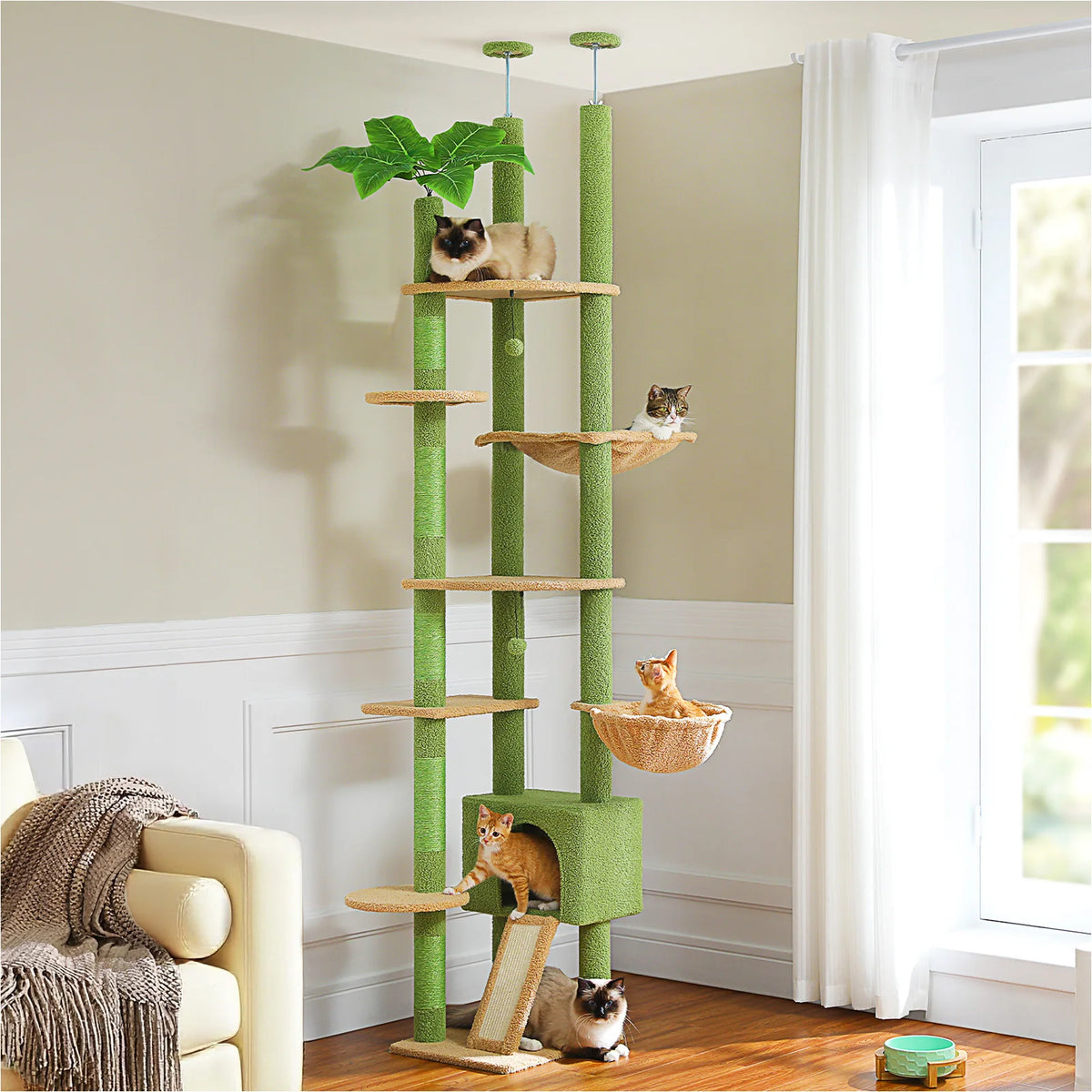 Height Adjustable Wooden Cat Tree with Large Hammock Sisal Scratching Posts Floor to Ceiling Cat Tower Cozy Cat Condo for Indoor