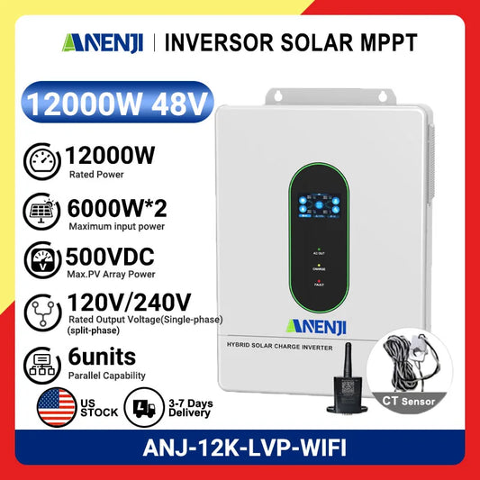 ANENJI 110V/120V 12KW hybrid solar inverter 48V photovoltaic split inverter with built-in 200A parallel solar charging control