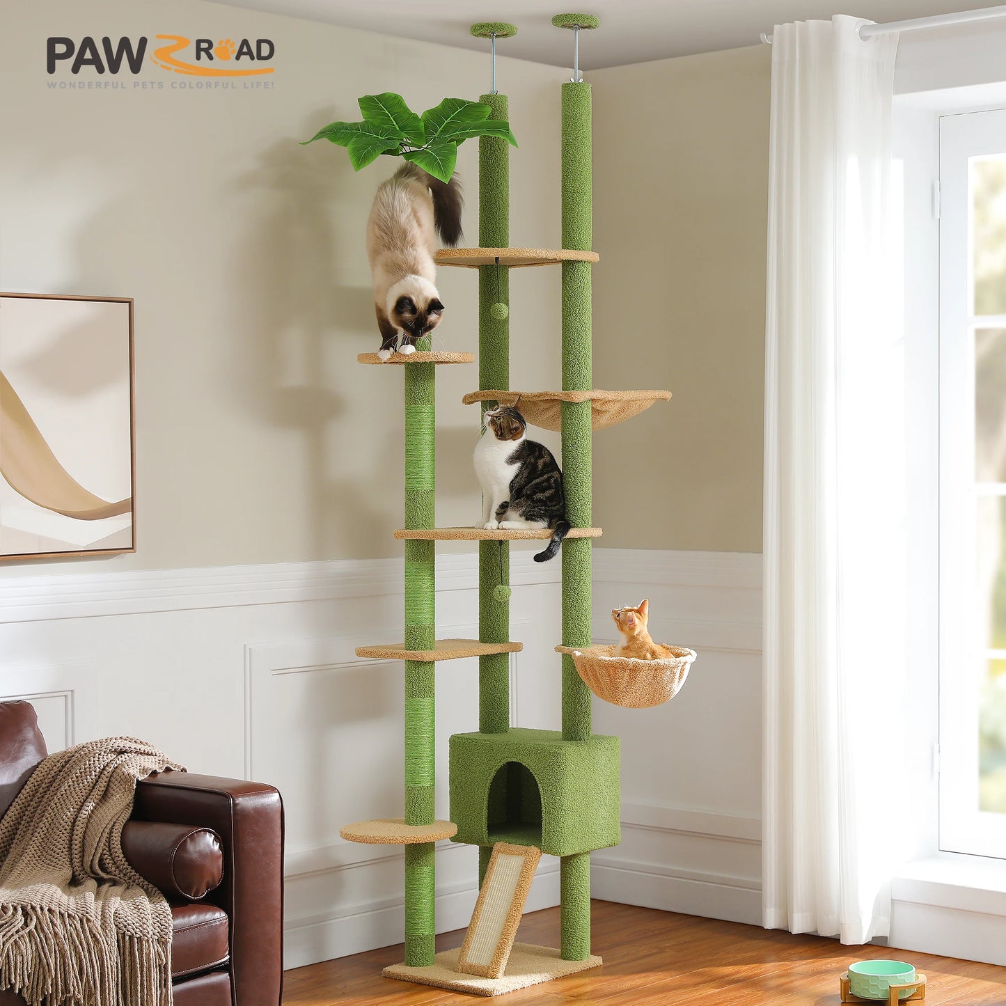 Cactus Cat Tree Floor to Ceiling Cat Tower Adjustable Height with Cat Condo Cozy Hammock and Scratching Post Tall Activity Tree