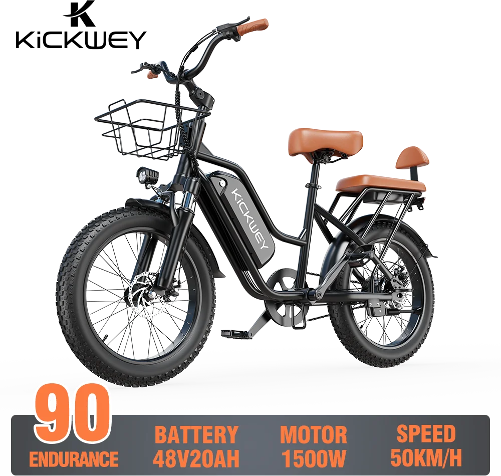 Kickwey 1500W Electric Bicycle Dual Seat Fat Tire Road Ebike