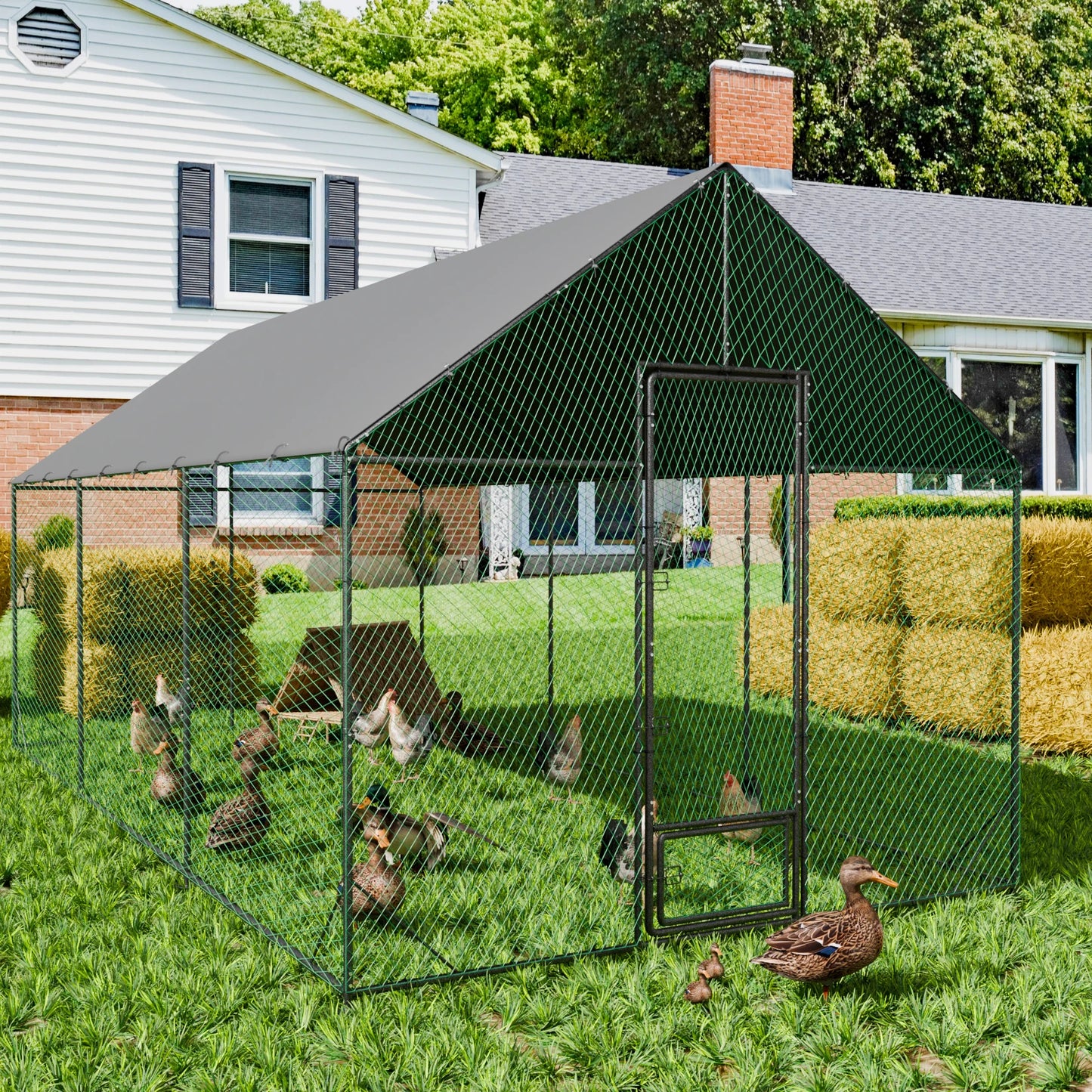 L XL XXL Upgraded Heavy Duty Metal Chicken Coop w/ Cover and Nylon Netting Pet Animal Poultry Run Hen House for Outdoor Backyard