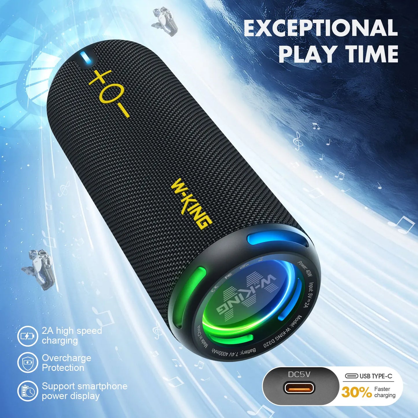 W-KING 40W Portable Speaker, IP67 Waterproof, APP Control, High-Quality Audio, TF/AUX, Dynamic Lights for Party, Outdoor, Shower