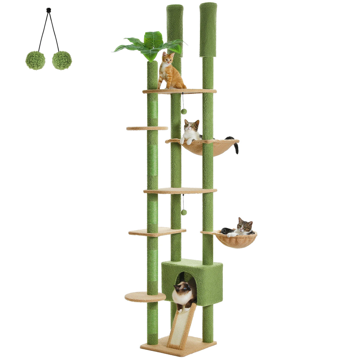 Height Adjustable Wooden Cat Tree with Large Hammock Sisal Scratching Posts Floor to Ceiling Cat Tower Cozy Cat Condo for Indoor
