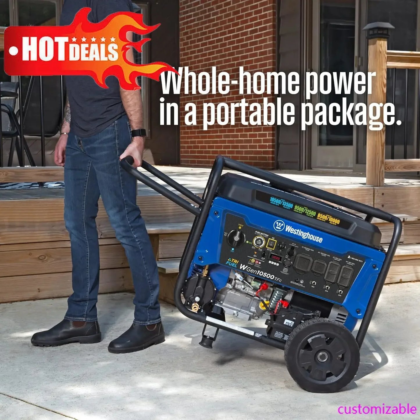13500 Peak Watt Tri-Fuel Home Backup Portable Generator, Remote Electric Start, Transfer Switch Ready, Gas, Propane