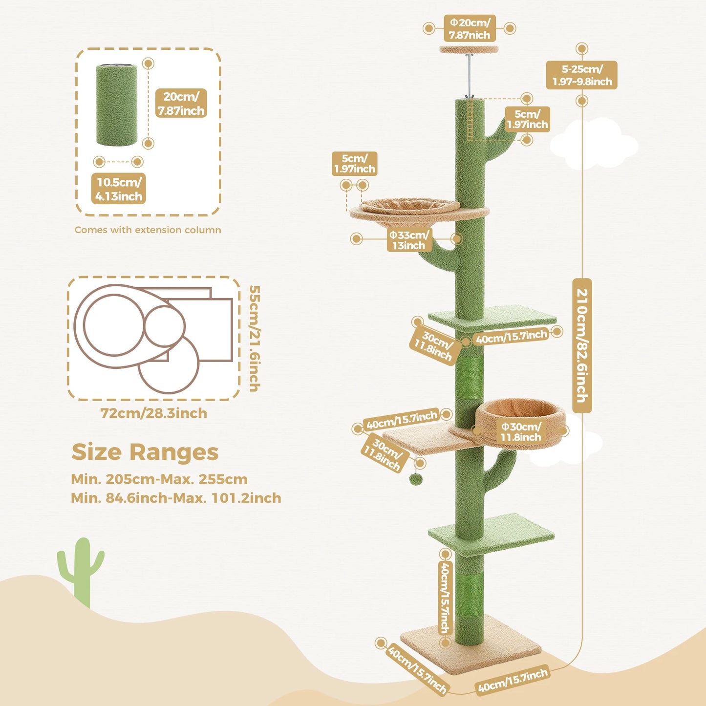 PEQULTICN Cactus Cat Tree Floor To Ceiling Cat Tower Hammock