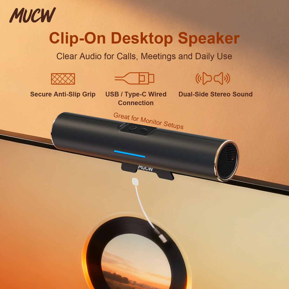 MUCW USB C Monitor Clip On Stereo Soundbar Speakers