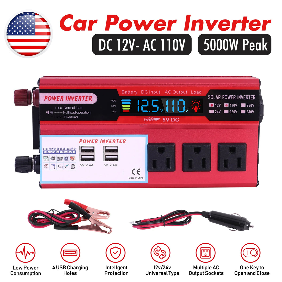 5000W Pure Sine Wave Car Power Inverter 12V 110V Converter