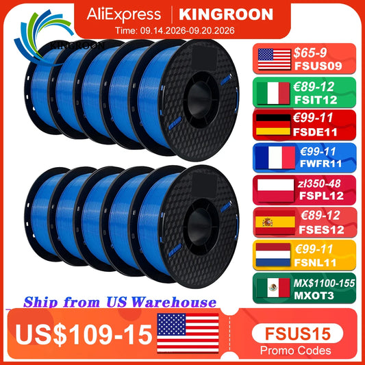 KINGROON 10KG PLA Filament PETG 3D Filament 1.75mm For 3D Printer Filament 10 Rolls/Set Mixed Colors and Materials FDM Printing Fast Ship
