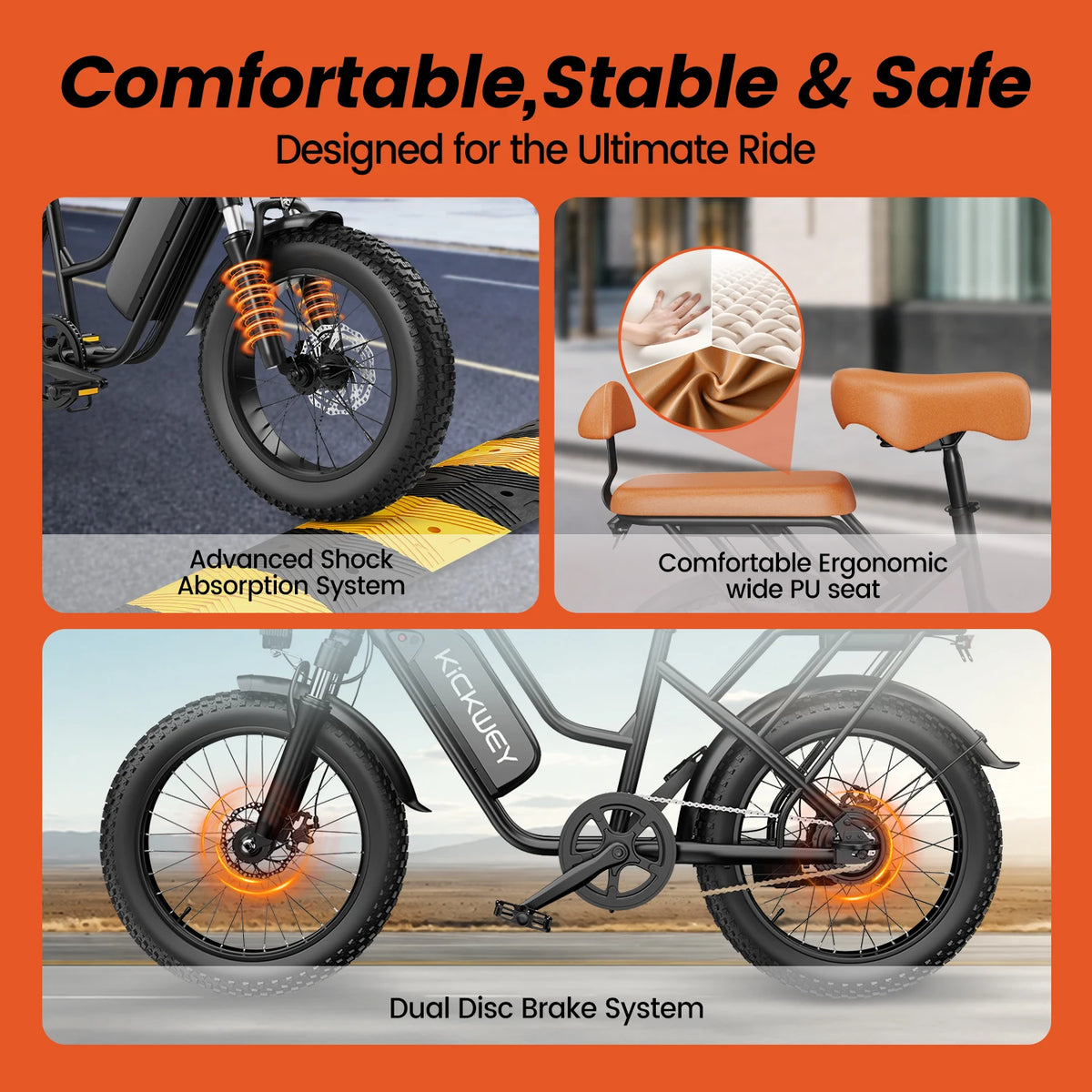 Kickwey 1500W Electric Bicycle Dual Seat Fat Tire Road Ebike