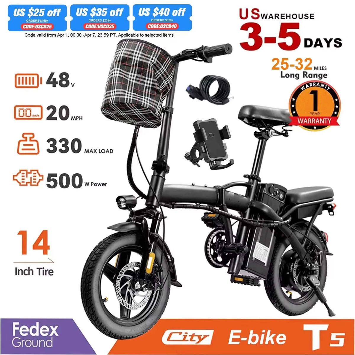 Terrosor Folding Electric Bike With 48V Detachable Battery
