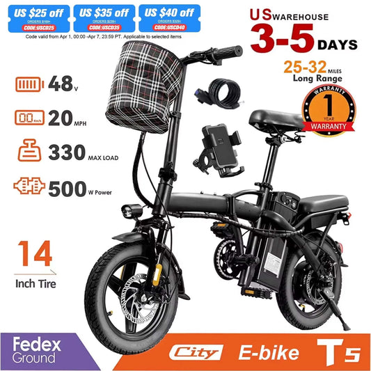 Terrosor Folding Electric Bike With 48V Detachable Battery
