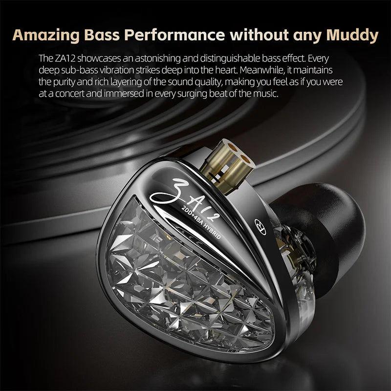 KZ ZA12 in Ear Monitor 2DD 4BA Hybrid Wired Earbuds Gaming IEM Earphones Silver Plated Detachable 2 Pin Cable Matte Black HiFi Headphones for Audiophile Music Enthusiasts