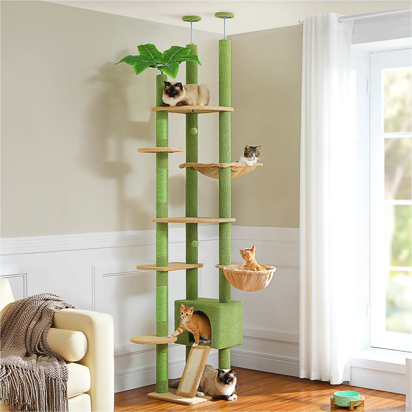 PEQULTICN Cactus Cat Tree Floor To Ceiling Cat Tower Hammock