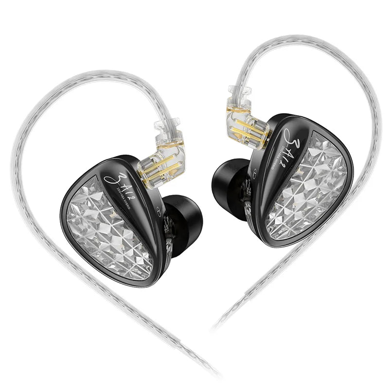 KZ ZA12 in Ear Monitor 2DD 4BA Hybrid Wired Earbuds Gaming IEM Earphones Silver Plated Detachable 2 Pin Cable Matte Black HiFi Headphones for Audiophile Music Enthusiasts