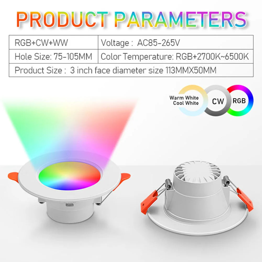 10W RGB Smart Spotlight Bluetooth-Compatible Recessed Ceiling Lamp Dimmable Recessed Down Light 2700K-6500K for Home Lighting