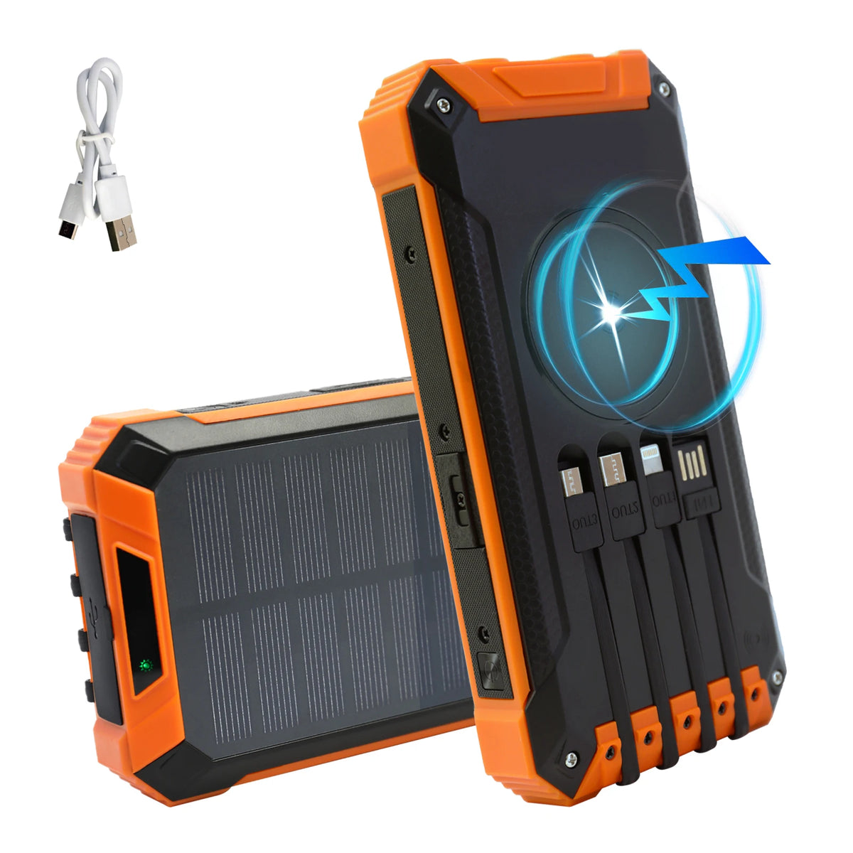 Solar Power Bank with LED Lights and Built-In Charging Cables