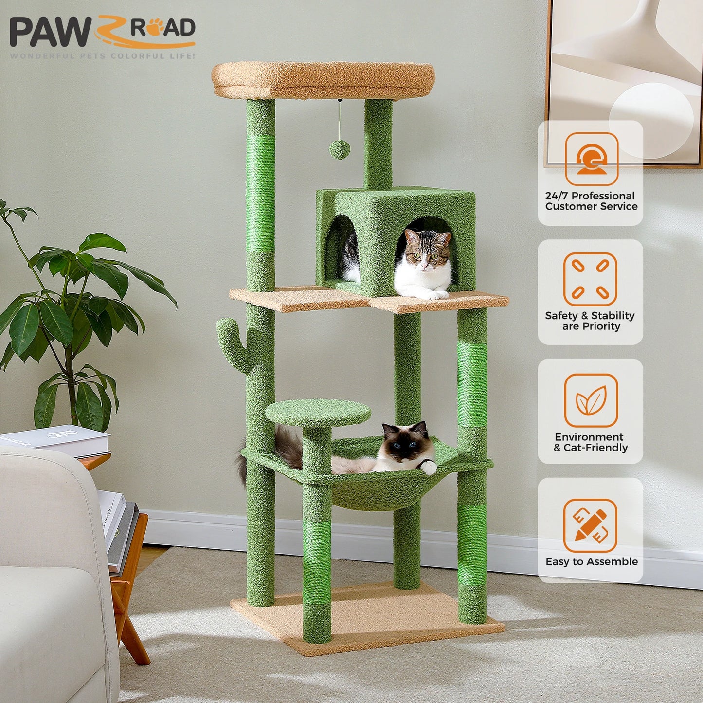 PAWZ Road Cactus Cat Tree Tower with Large Indoor Hammock