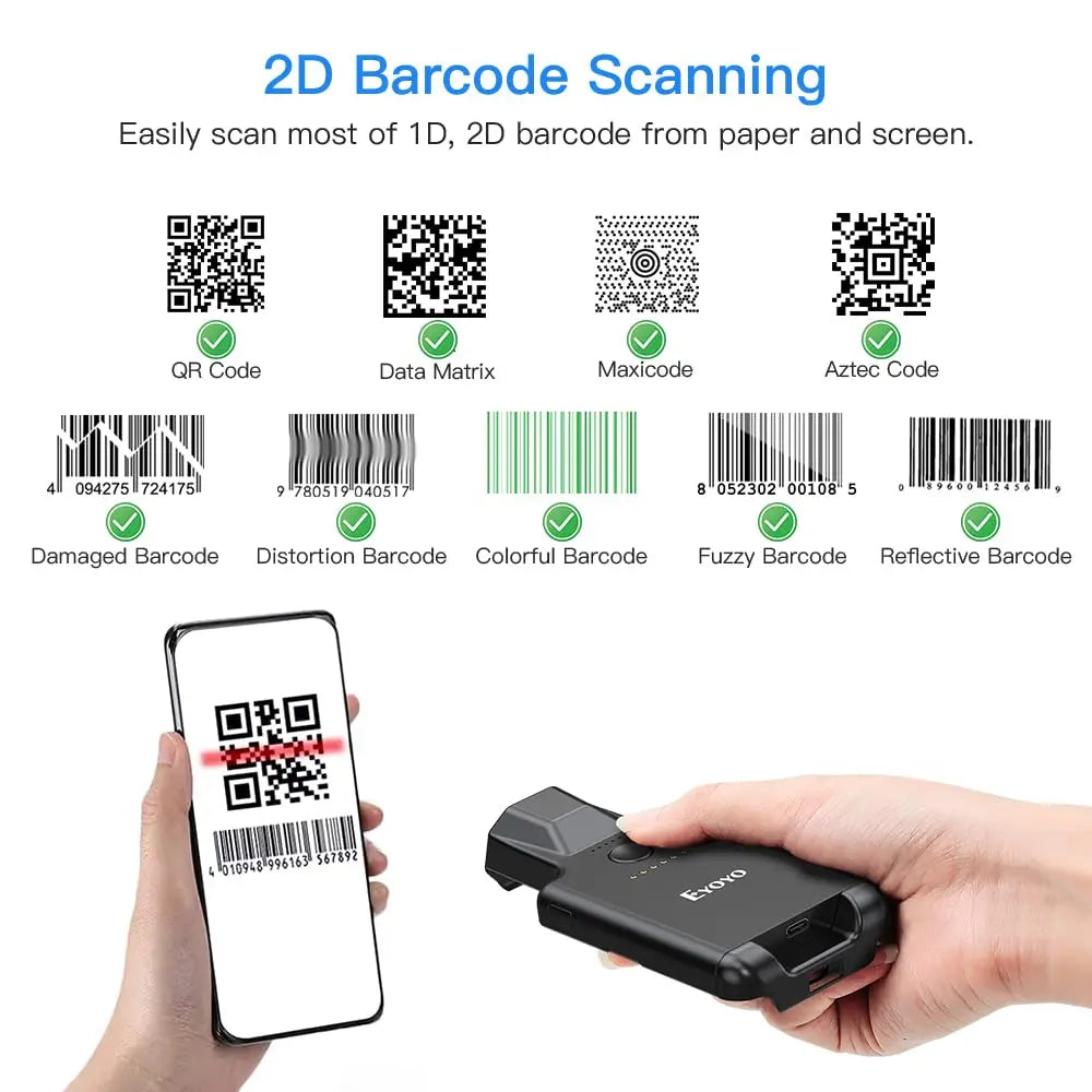 Eyoyo EY-017 Back Clip Bluetooth Barcode Scanner Portable 1D 2D QR Wireless Bar Code Reader with 1600mAh Rechargeable Battery, Compatible with iPad, iPhone and Android, For Book Warehouse Inventory Management