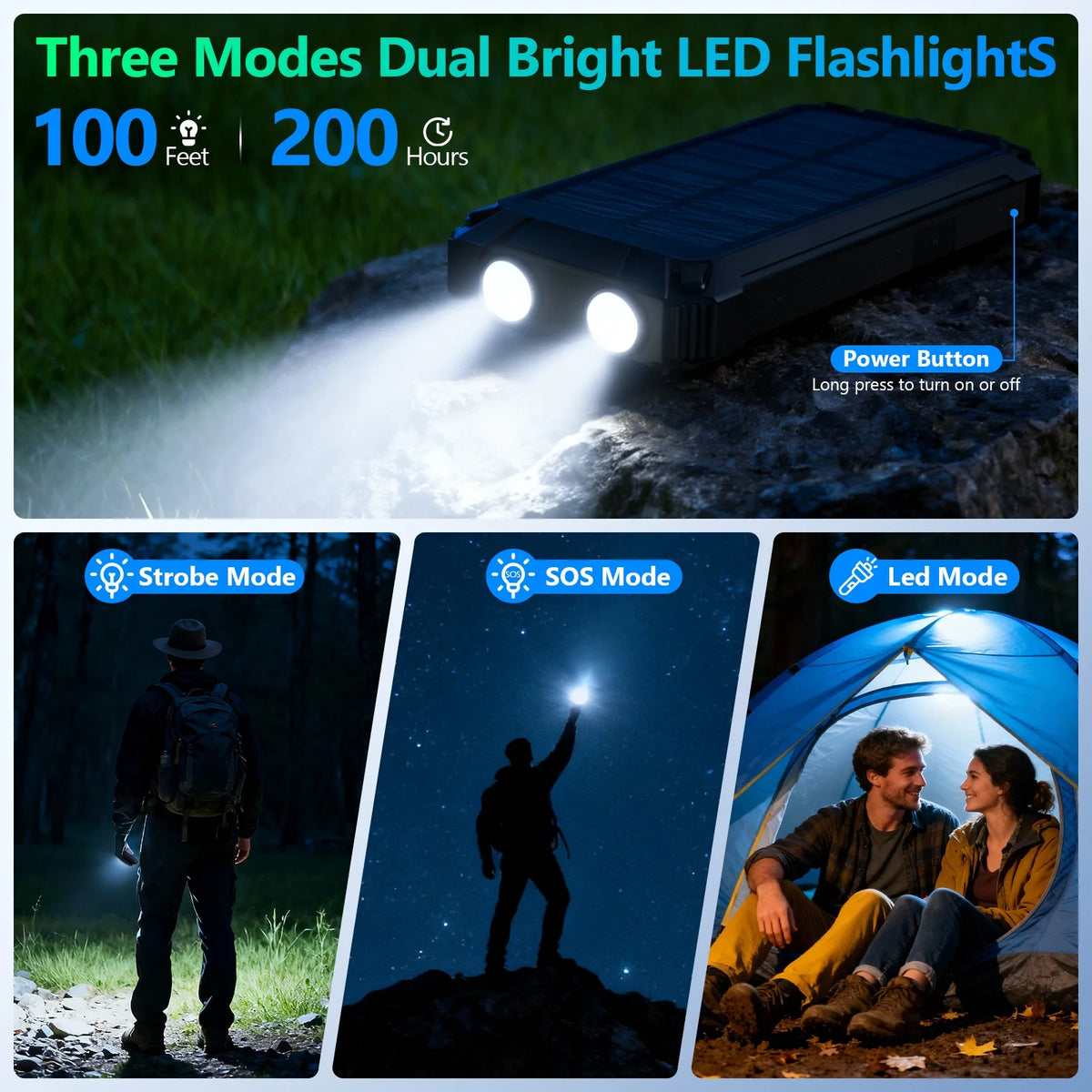 Solar Power Bank with LED Lights and Built-In Charging Cables