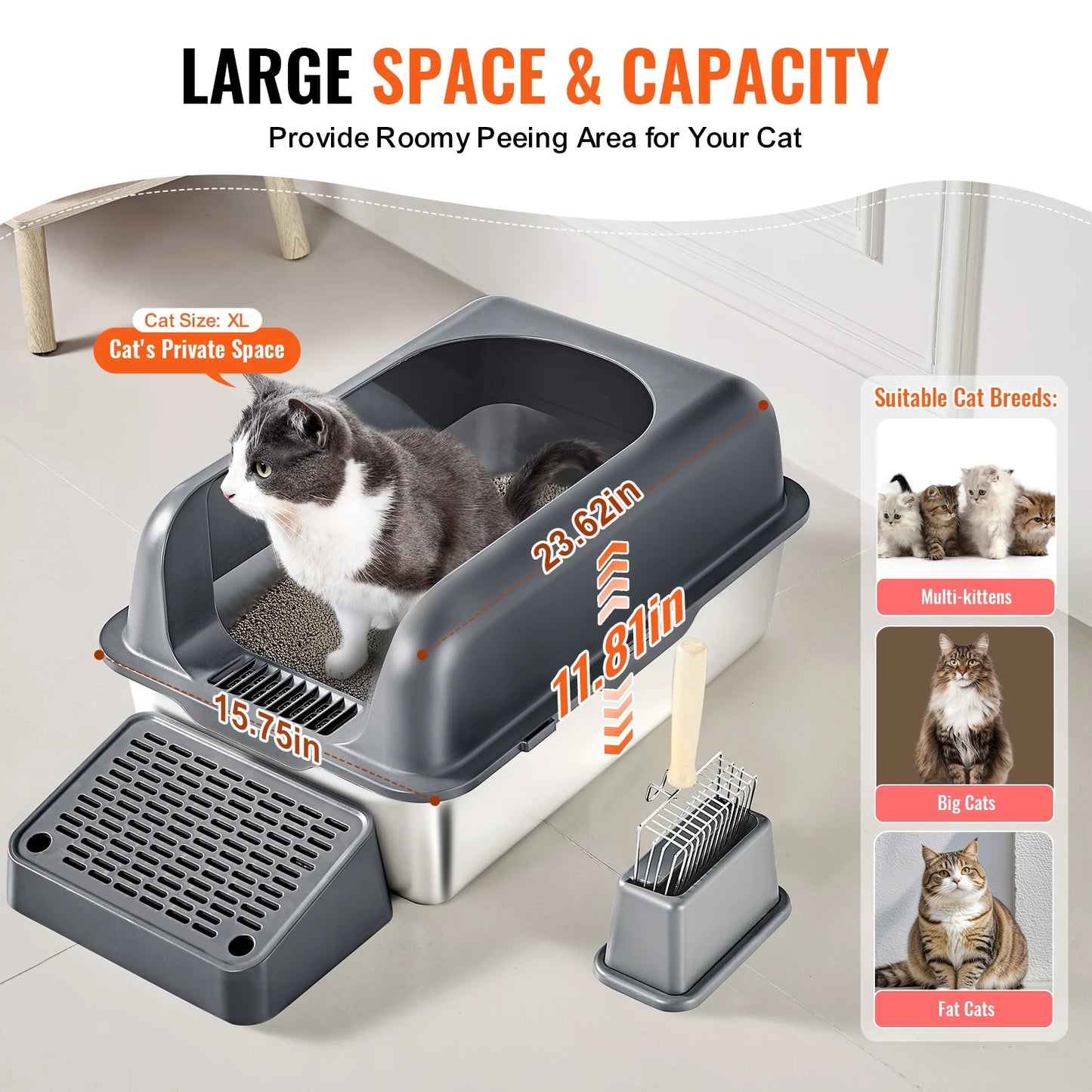 Stainless Steel Cat Litter Box With Scoop And High Sides
