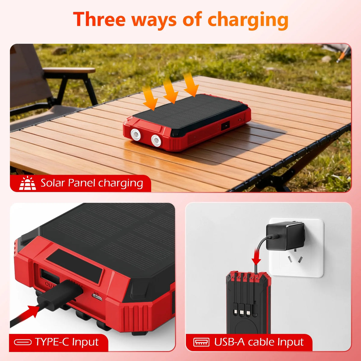 Solar Power Bank with LED Lights and Built-In Charging Cables