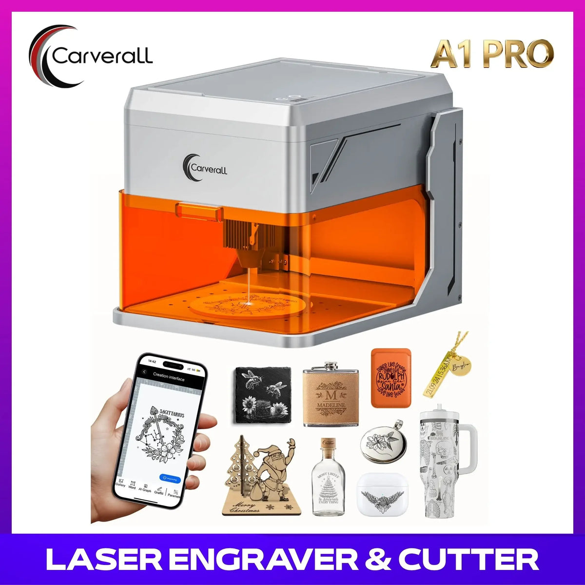 Carverall A1 Pro 5W Desktop Laser Engraver with Camera, AI, App Control, Beginner Lazer Engraving Machine for Wood Coated Metal Leather Dog Tag Paper Glass Food 5000mW Class 1