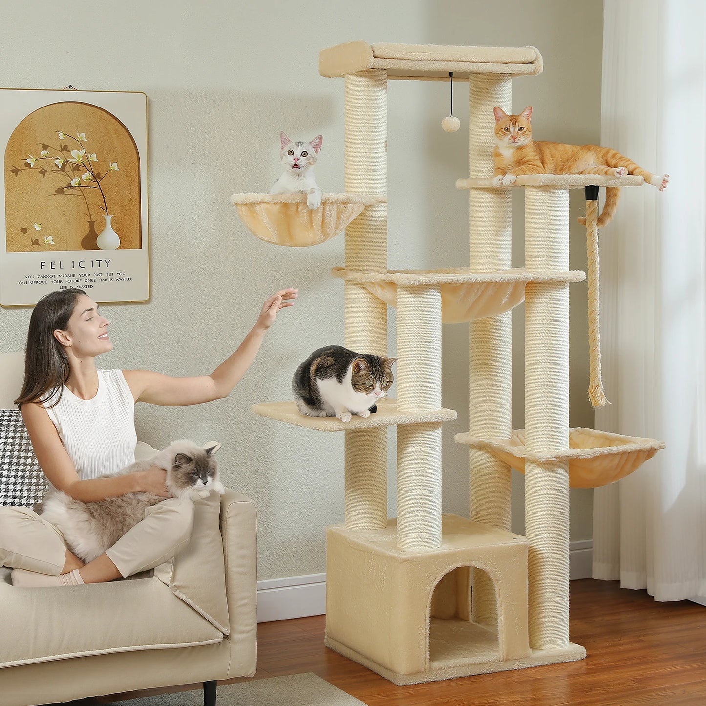 PEQULTICN Multi Level Cat Tree With Scratching Posts Cozy Condo