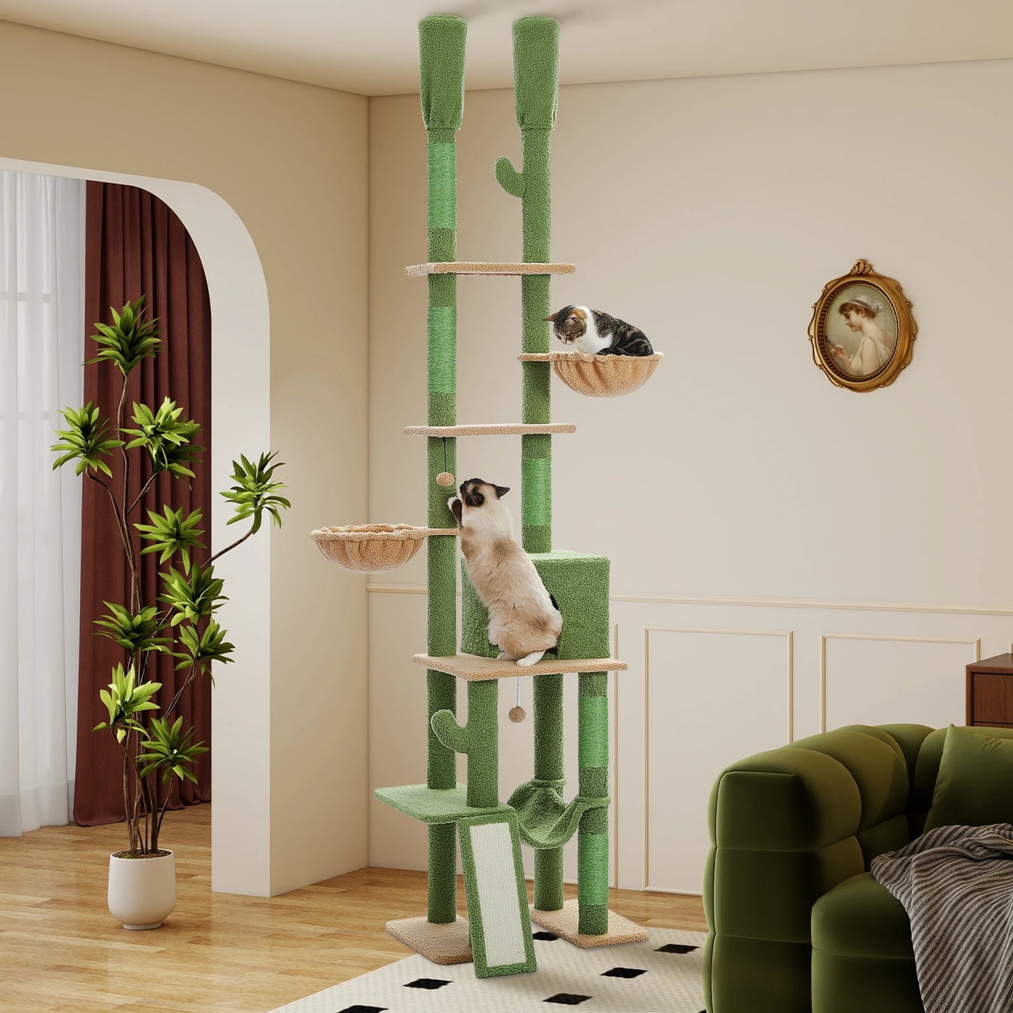 PEQULTICN Cactus Cat Tree Floor To Ceiling Cat Tower Hammock