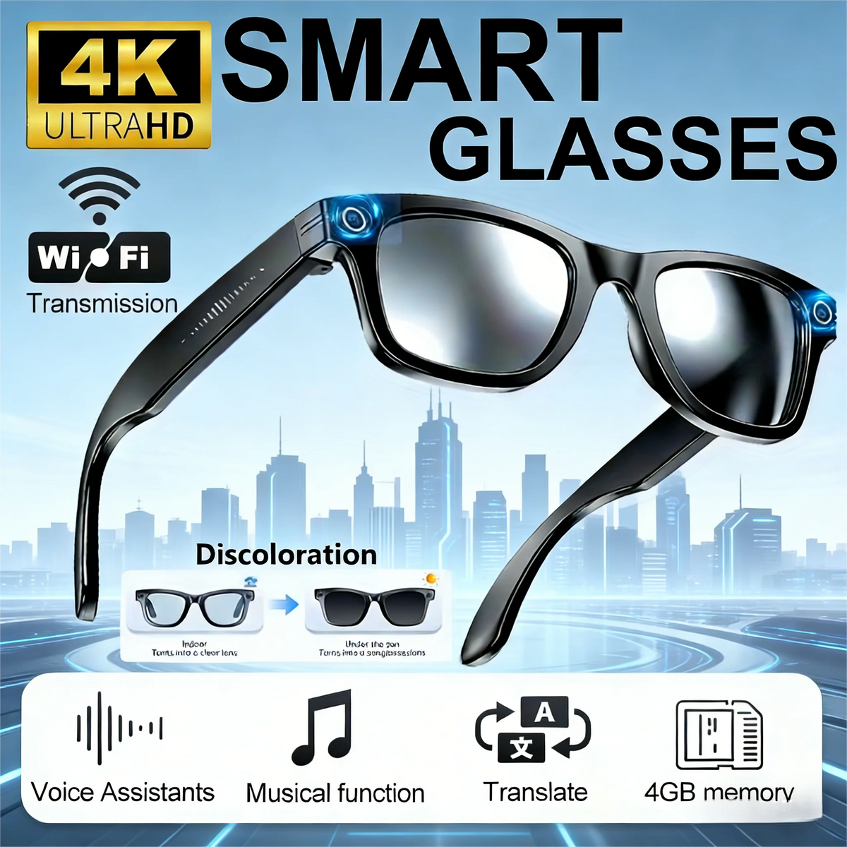 Fecoul AI Translator Camera Glasses With HD Calls And Music