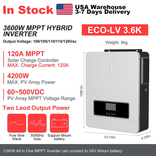 3600W Hybrid Solar Inverter 24V DC to 110V AC Pure Sine Wave With 120A MPPT Charge Controller PV 60-500V Solar & Generator Input