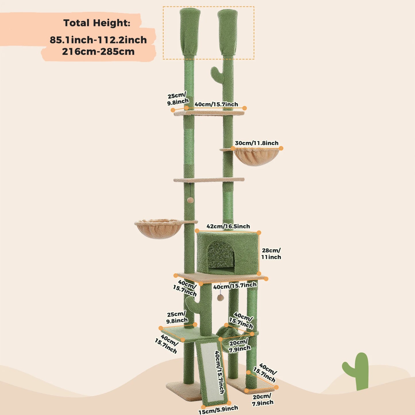 PEQULTICN Cactus Cat Tree Floor To Ceiling Cat Tower Hammock