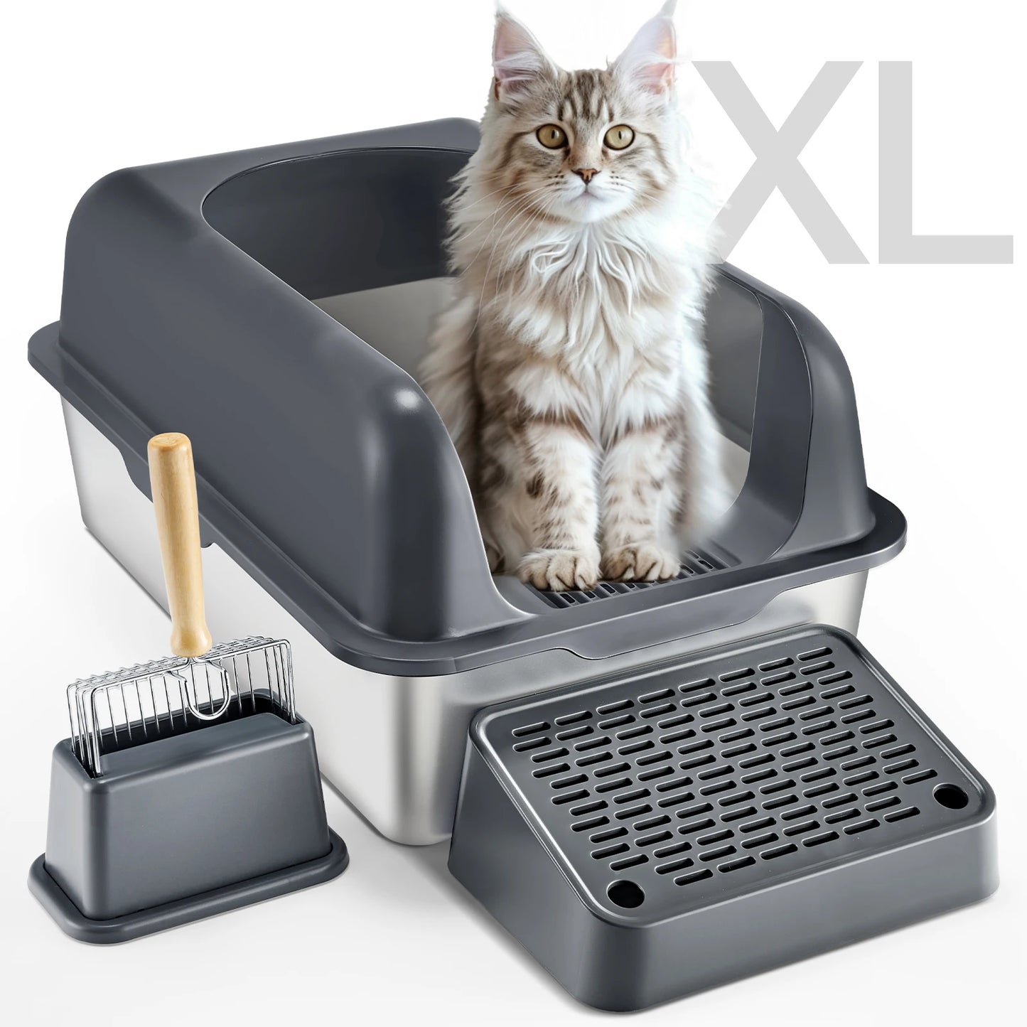 Stainless Steel Cat Litter Box With Scoop And High Sides