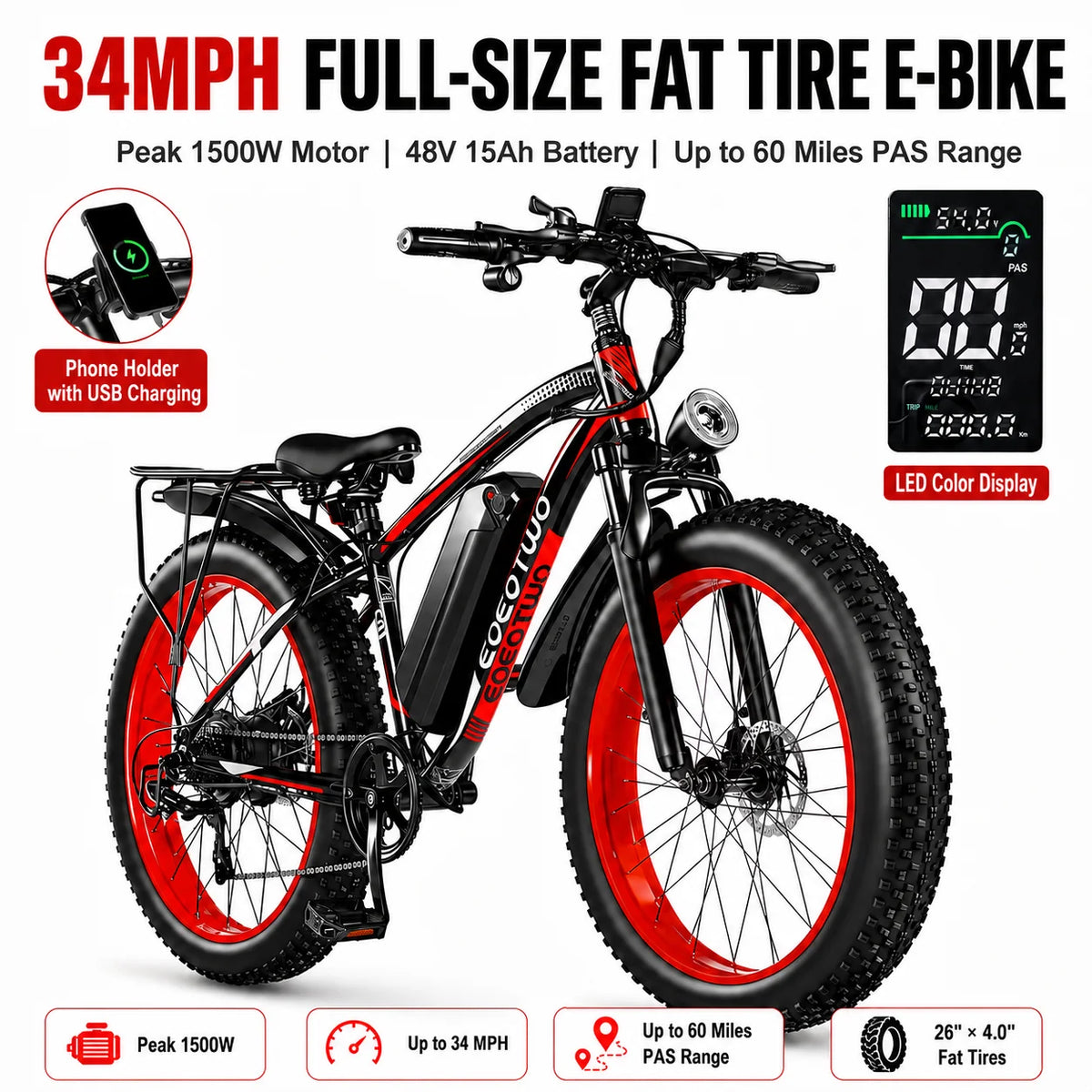 EOEOTWO 1500W Peak Electric Bike All Terrain Commuter
