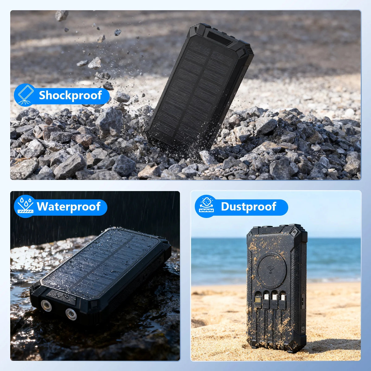 Solar Power Bank with LED Lights and Built-In Charging Cables