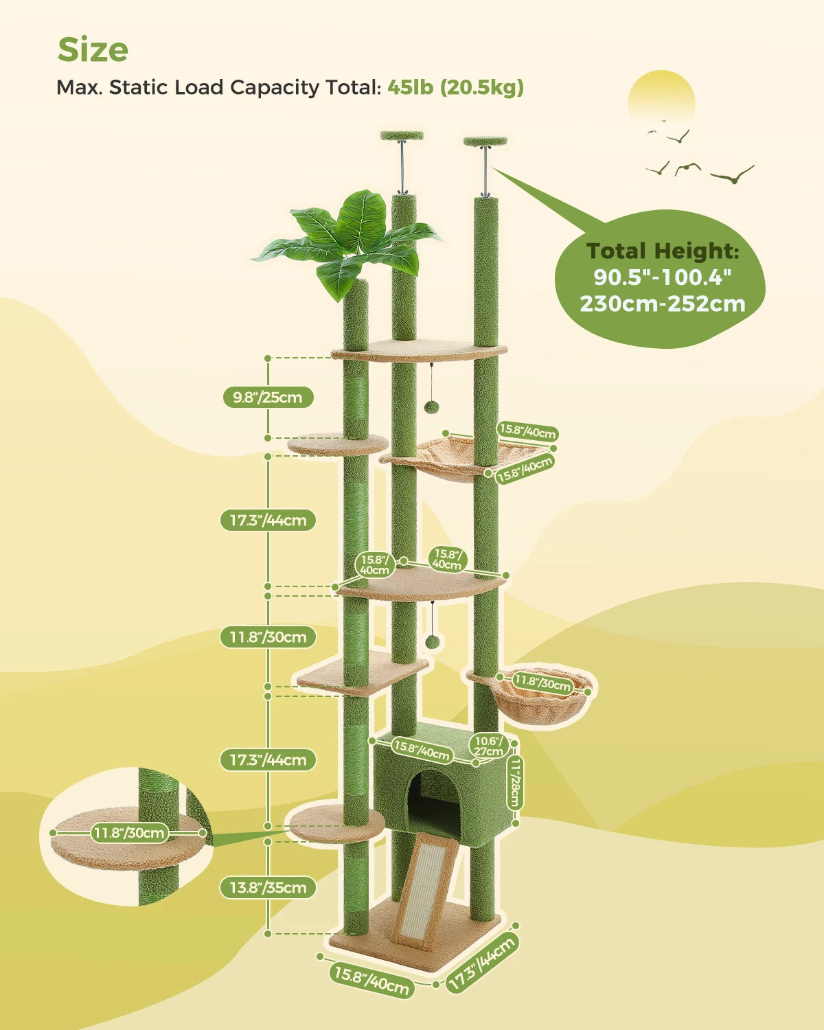 PEQULTICN Cactus Cat Tree Floor To Ceiling Cat Tower Hammock