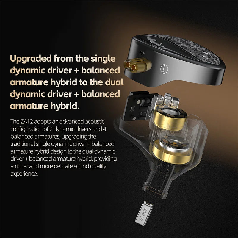 KZ ZA12 in Ear Monitor 2DD 4BA Hybrid Wired Earbuds Gaming IEM Earphones Silver Plated Detachable 2 Pin Cable Matte Black HiFi Headphones for Audiophile Music Enthusiasts