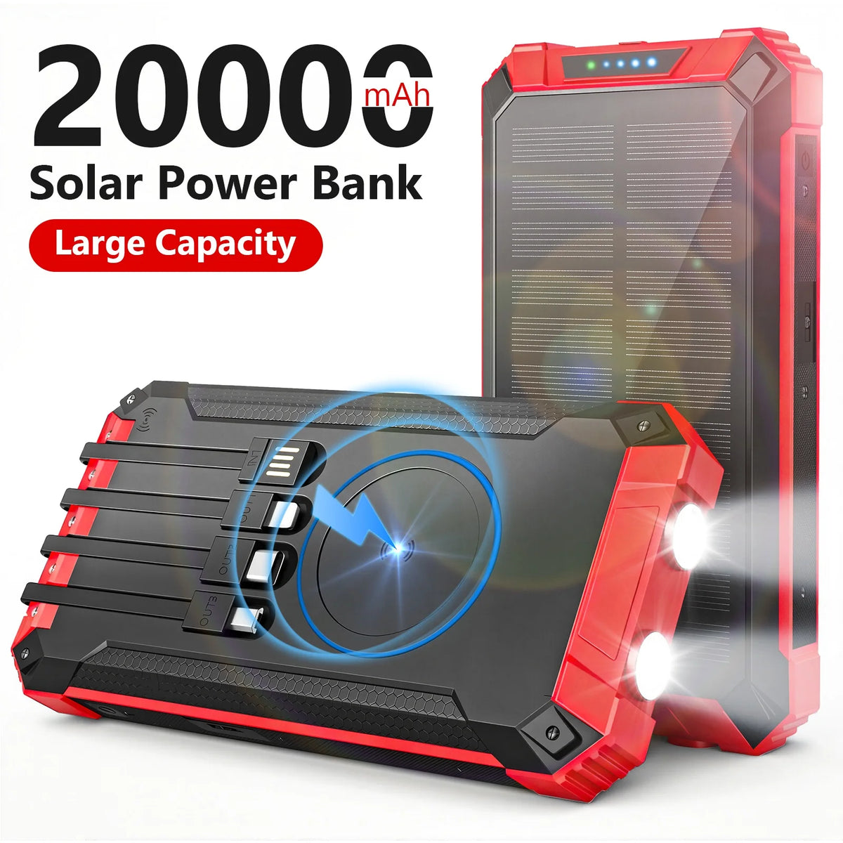 Solar Power Bank with LED Lights and Built-In Charging Cables