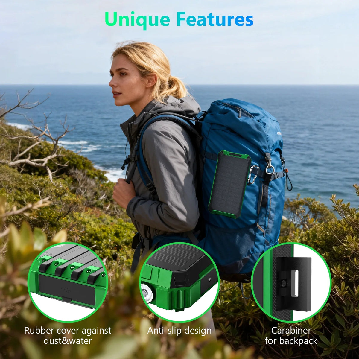 Solar Power Bank with LED Lights and Built-In Charging Cables