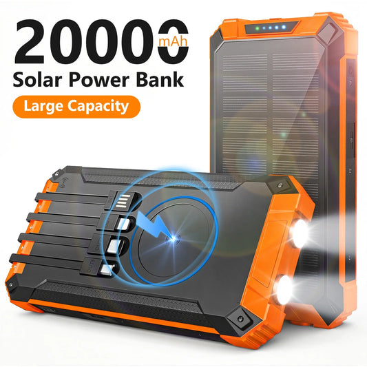 Solar Power Bank with LED Lights and Built-In Charging Cables