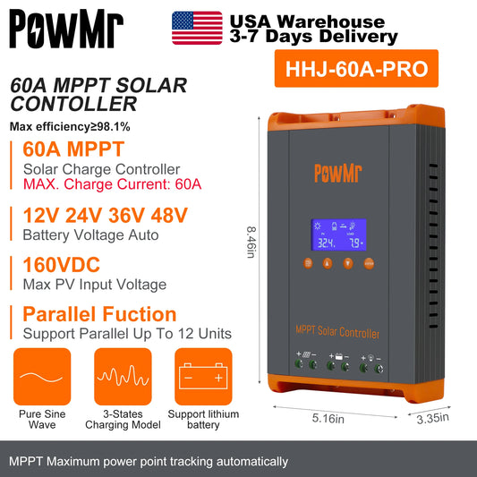 PowMr USA 60A MPPT Solar Charge Controller Parallel 12V 48V