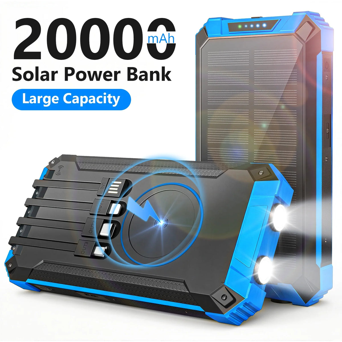 Solar Power Bank with LED Lights and Built-In Charging Cables